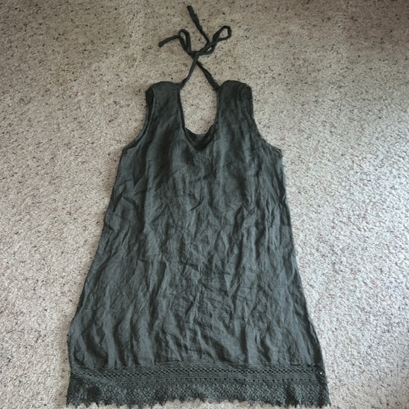 Rosemarine Made in Italy Green Gray Linen Midi Dress Sleeveless Lace Hem Size S - Picture 6 of 10